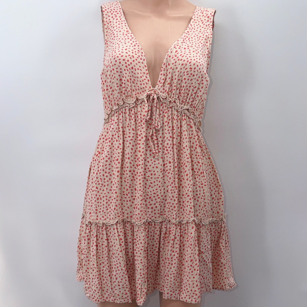 Lush S Red Polka Dot V-Neck Ruffle Sun Dress Ditsie Cottagecore Boho Coquette